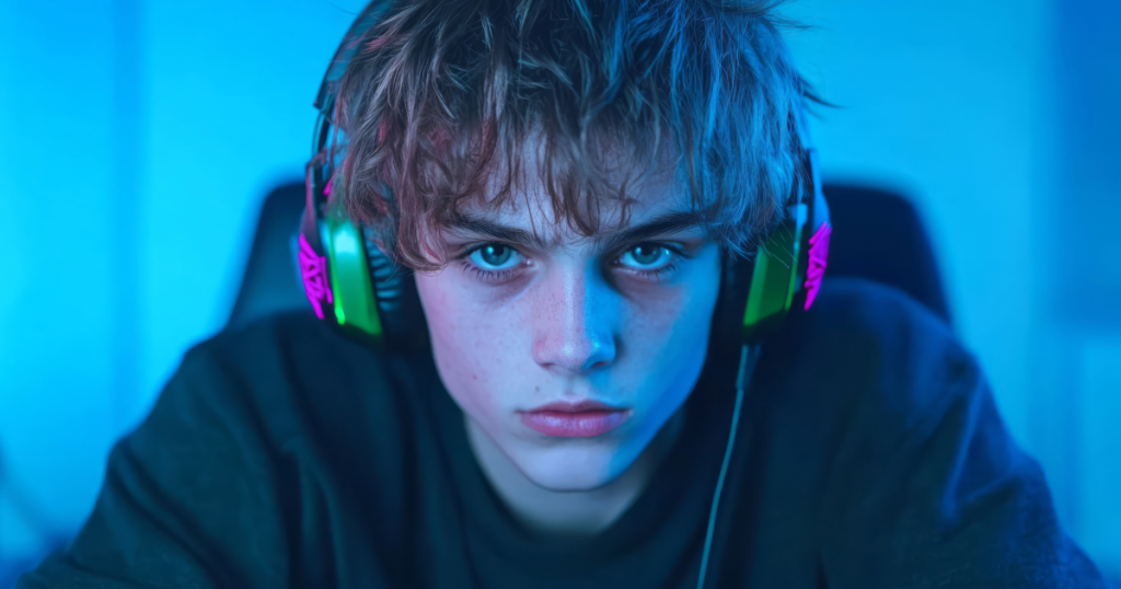 A close-up of a gamer as they sit forward, showing slight tension or lean, with screen glow in frame. Gaming fatigue and tension clearly evident.