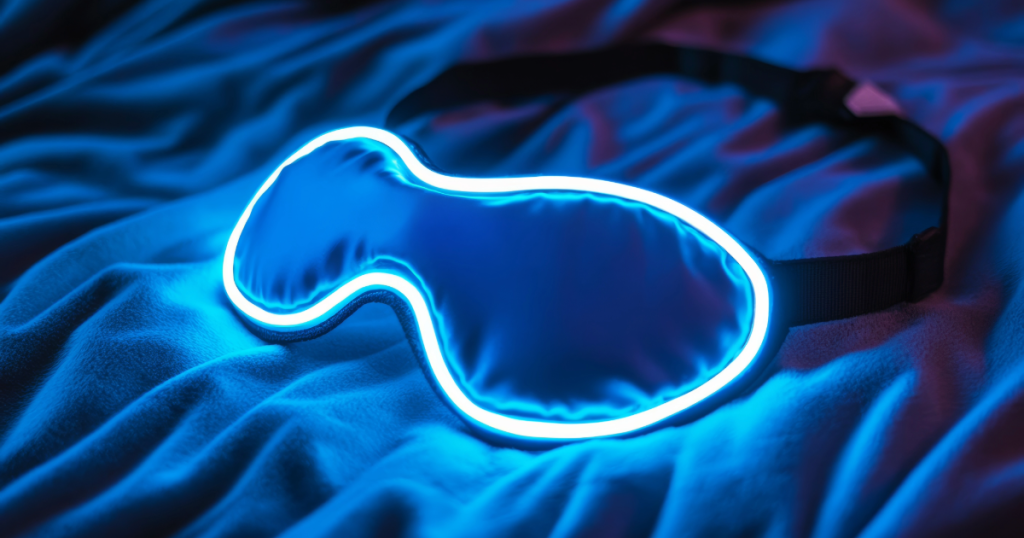 A bedside scene with a low-tech wellness item, an eye mask.