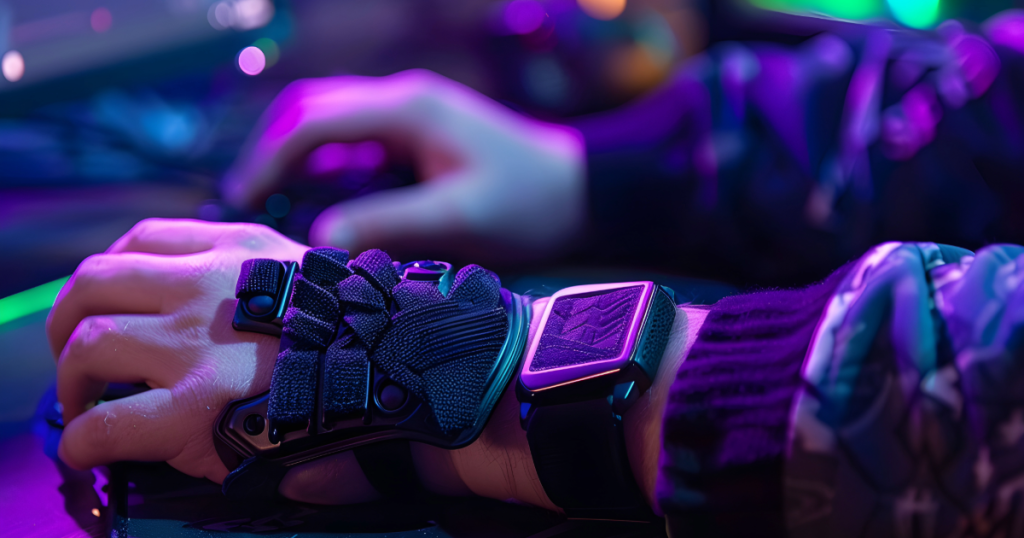 A gamer’s desk with hands on the keyboard and wrist in a brace for support