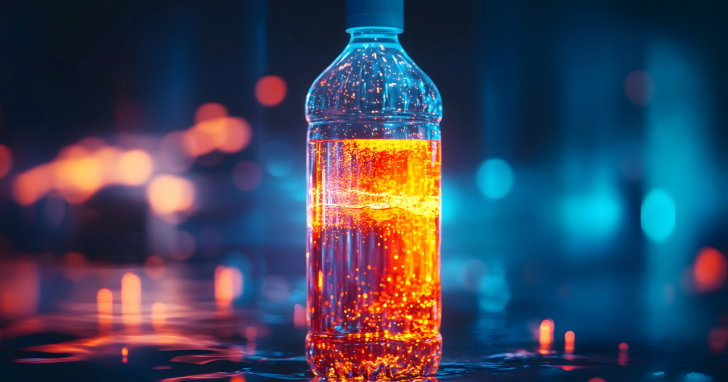 A focused view featuring a water bottle recovery drink