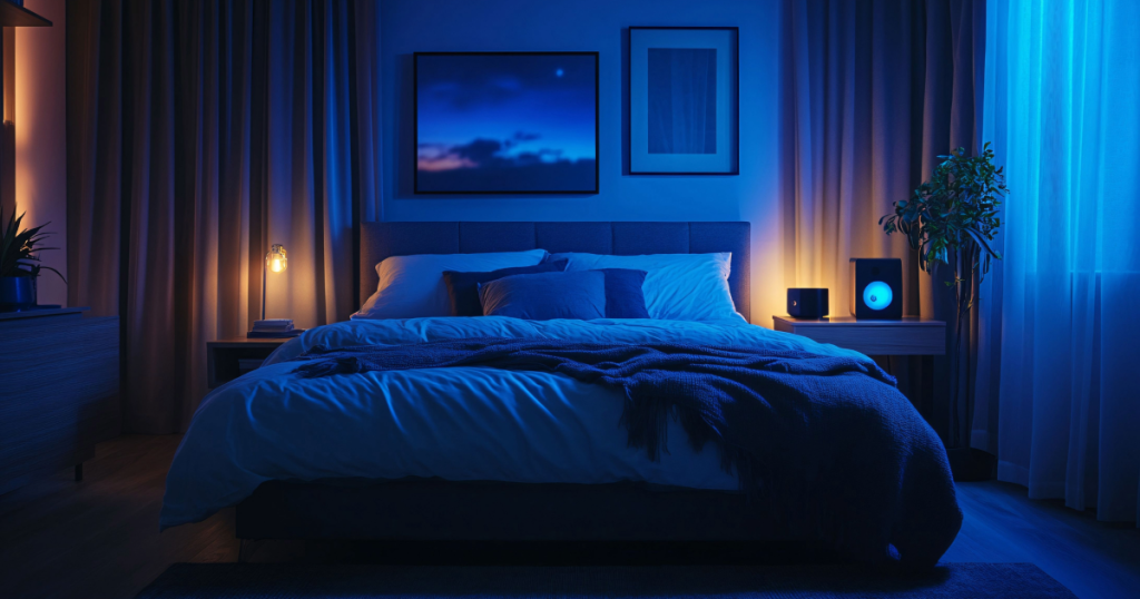 A peaceful bedroom setup showing sleep-support tools like dim lighting, and a quiet atmosphere. Perfect for aftermatch recovery