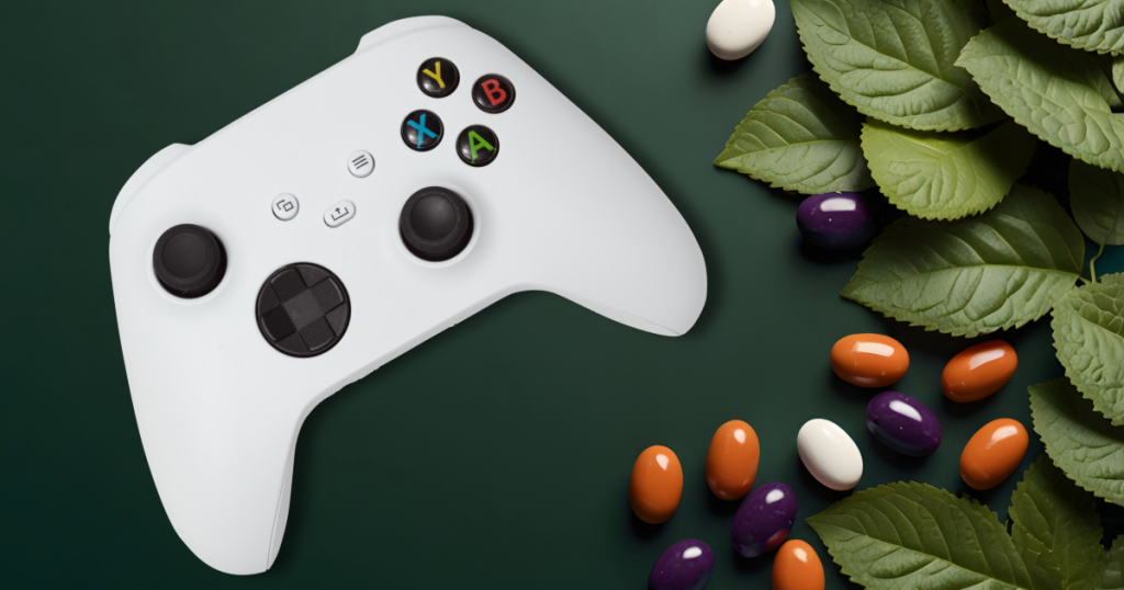 Desk with non-stimulant endurance tools for gamers arranged next to a video game controller. Endurance for gamers